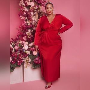 𝅺Eloquii Drape Front Satin Maxi Dress With Cutout